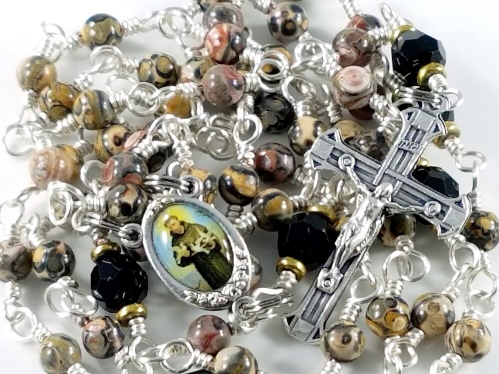 Hand Wire Wrapped St Francis Rosary Leopard Jasper Swarovski